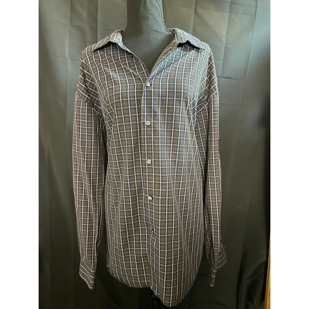 VAN HEUSEN Mens XXL Button Down Shirt Brown Blue Plaid Long Sleeve Casual Office
